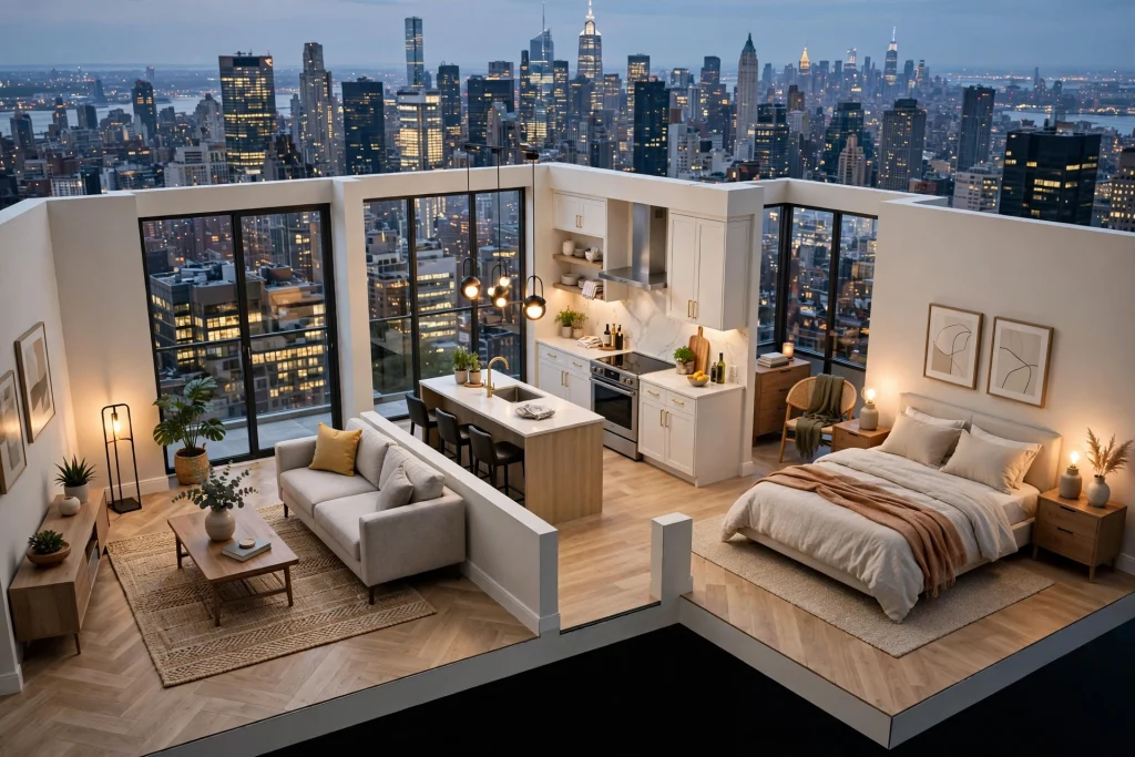 Dollhouse view of a 3D virtual tour of a New York City apartment