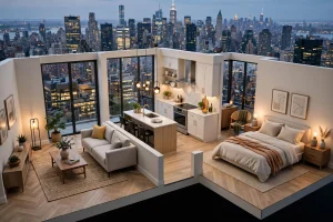 Dollhouse view of a 3D virtual tour of a New York City apartment