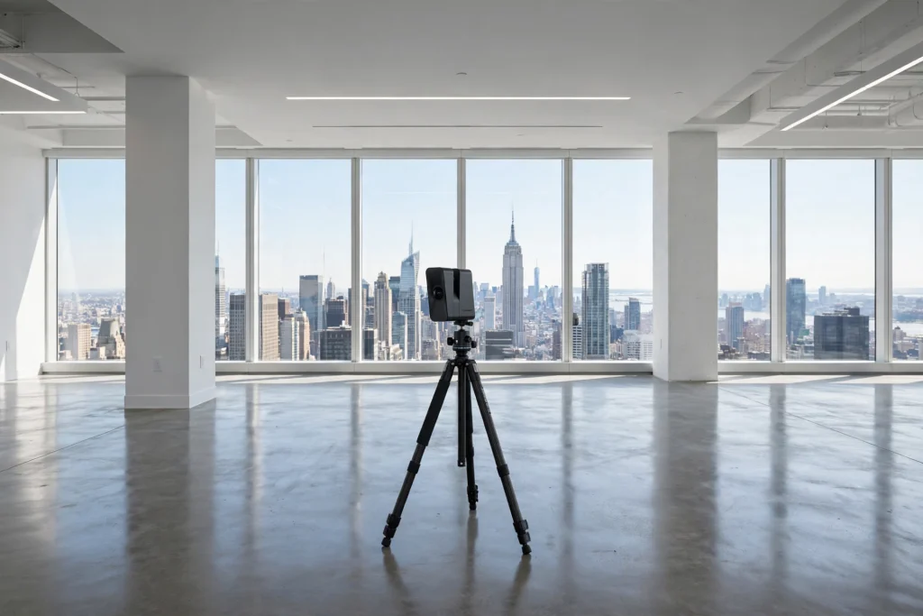 Matterport Pro 3 camera on tripod capturing a 3D virtual tour of a vacant NYC office space