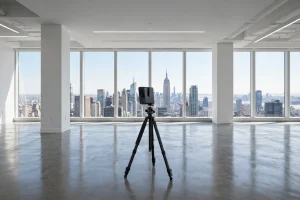 Matterport Pro 3 camera on tripod capturing a 3D virtual tour of a vacant NYC office space