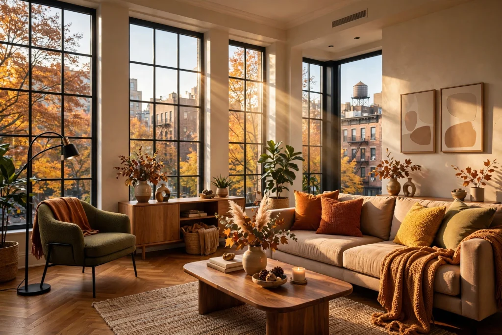 Fall-lit NYC apartment living room