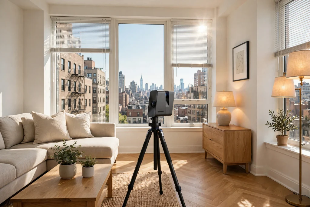 Matterport Pro 3 camera on tripod in a bright, staged NYC apartment living room ready for a virtual tour scan