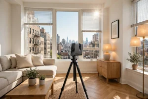 Matterport Pro 3 camera on tripod in a bright, staged NYC apartment living room ready for a virtual tour scan
